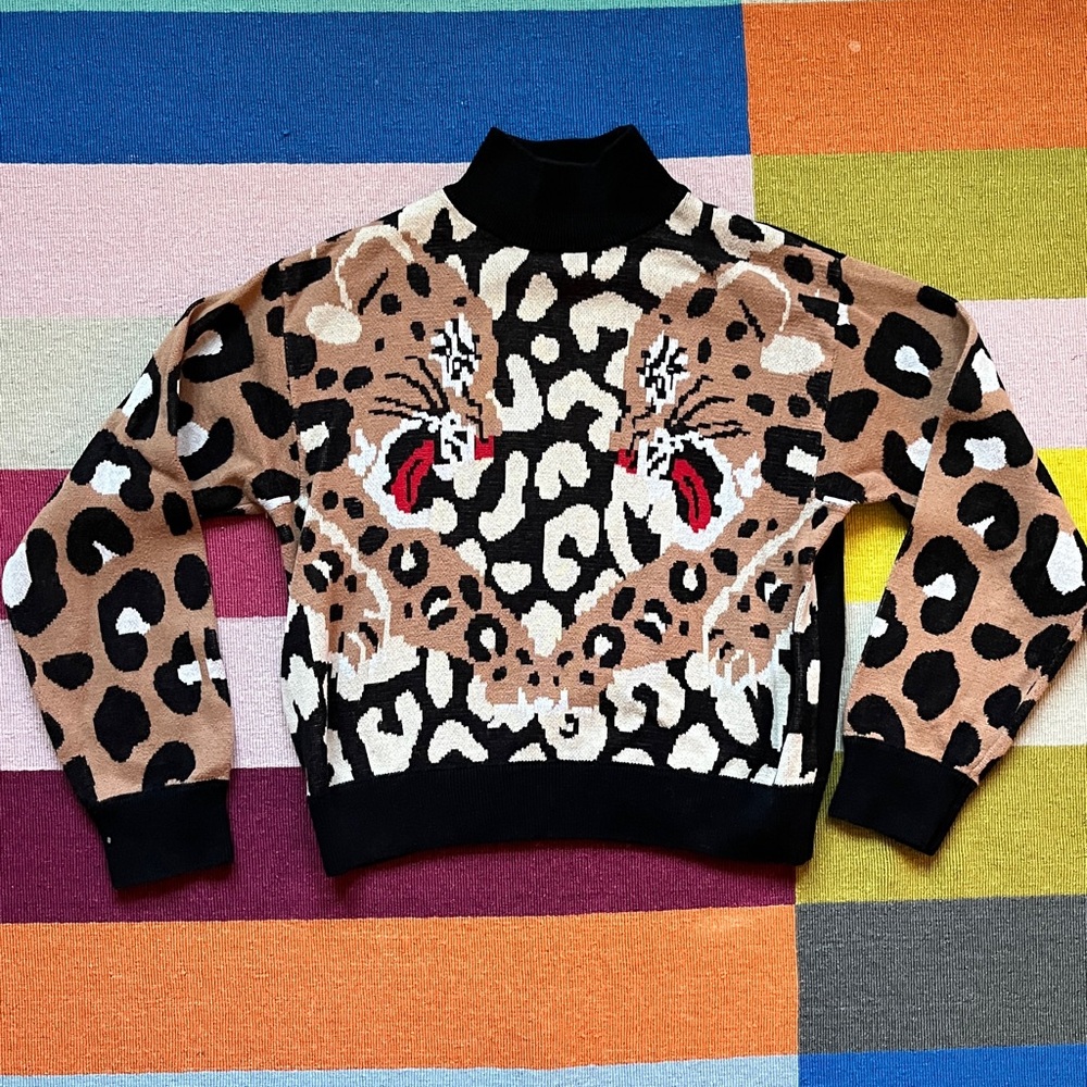 Leopard Print Sweater with Black Trim